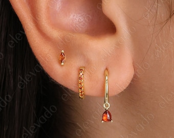 Garnet Teardrop Hoop Earring Set: Dainty Sterling Silver, January Birthstone