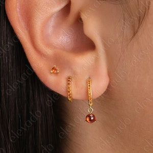 Garnet Gemstone Hoop Earring Set • gift for her • Garnet gift • minimalist dainty earrings •  Garnet earrings • January birthstone