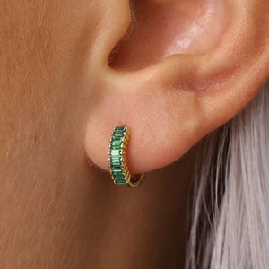 Gemstone Paved Baguette Paved Hoop Earrings • paved hoops • gold hoop earrings • delicate gemstone earrings • minimalist hoops