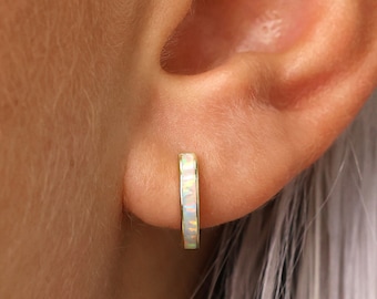 Opal Inlay Huggie Hoop Earrings • 18k Gold Plated Sterling Silver