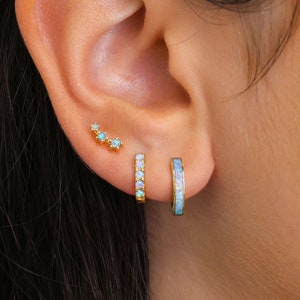 Blue Opal Inlay Huggie Hoop Earring Set • gift for her • bridesmaid gift • gift for mom • gold hoop • opal stone hoop