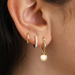 Dangle Freshwater Pearl Hoop Earring Stack Set • gift for her • bridesmaid gift • christmas gift • gold hoop earrings • minimalist earrings