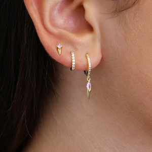 Pink Tourmaline Paved Spike Earring Gift Set • Birthstone Huggie Hoop Earring • earring gift for her • gift for mom • holiday gift set