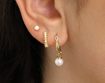 Pearl Dangle Hoop Earring Gift Set • 18k Gold Plated Huggies
