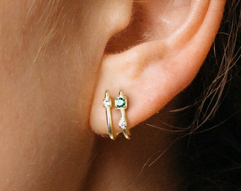 Elegant Emerald Double Hoop Studs • CZ dainty earrings • gold studs • small stud earrings • minimalist earrings • silver stud earrings