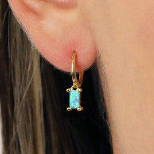 Blue Fire Opal Baguette Hoop Dangle Earrings • Opal hoops • gold hoop earrings • delicate opal earrings • minimalist hoops