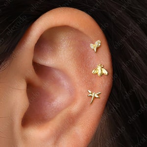 Set of 3 • 16G/18G Nature Flat Back Earring Set • Bee Cartilage Earrings • Dragonfly Helix Earrings • Leaf Tragus Earrings • Conch Earring