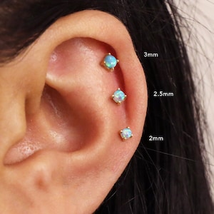 18G/16G Gold Fire Blue Opal Threadless Push Pin Labret Stud • Solid 925 Sterling Silver • Flat Back Earring • Tragus • Helix • Conch