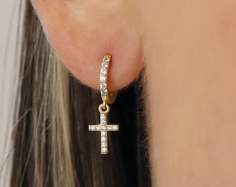 Cross Hoop Earrings • paved cross earrings • dainty hoops • dainty earrings • hoops with cross charm • tiny cross earrings