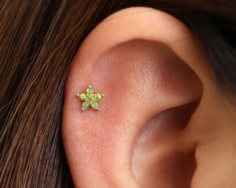 18G/16G Garden Green Opal Flower Cartilage Gold Stud Earrings • tragus stud  • flower conch earrings • cartilage helix stud • flat back stud