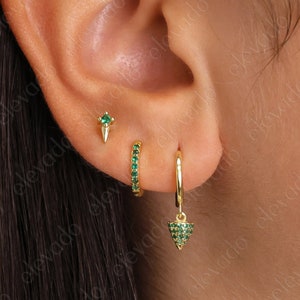 Emerald Spike Charm Hoop Earring Set • gift for her • Emerald gift • minimalist dainty earrings • May Emerald birthstone