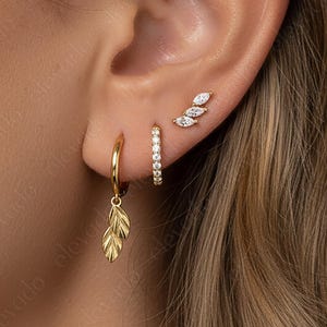 Sterling Silver Leaf Charm Hoop Earring Gift Set • Hypoallergenic