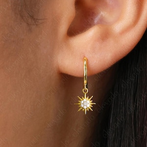 Gold Sun Dangle Hoop Earrings • gold sun huggie hoop • silver star hoop • sun dangle earrings • tiny gold hoops • tiny silver hoops