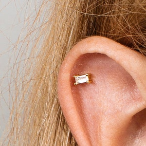20G Baguette Cut Cartilage Gold Stud Earrings • conch earrings • tiny studs •  cartilage stud • helix stud • tragus studs • screw back