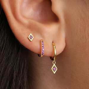 Amethyst Diamant Sterlingsilber Huggie Hoop Set • Geschenkfertig