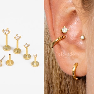 Clou labret sans filetage en or 20G/18G/16G • Argent sterling 925 massif • Clou tragus • Boucle d'oreille à l'arrière plat • Hélice • Conque
