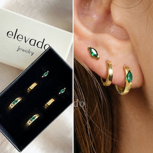 Emerald Marquise Gemstone Earring Gift Set • Huggie Hoop Earrings • earring set • gift ready • gift for her • gift for mom
