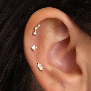 Lot de 3 • Parure de boucles d'oreilles diamants 16G/18G à dos plat • Boucles d'oreilles cartilage diamant • Boucles d'oreilles diamant hélice • Boucles d'oreilles tragus • Boucle d'oreille conque