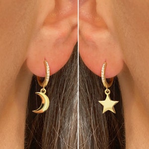 Mismatched Moon & Star Paved Hoops • celestial earrings • gold star hoop earrings • gold moon hoop earrings • moon and star earrings