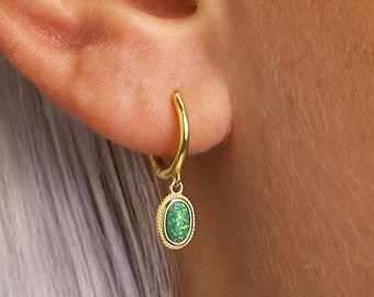 Green Fire Opal Charm Hoop Dangle Earrings • Opal hoops • gold hoop earrings • delicate opal earrings • minimalist hoops