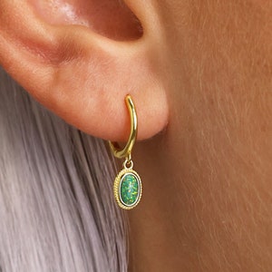 Green Fire Opal Charm Hoop Dangle Earrings • Opal hoops • gold hoop earrings • delicate opal earrings • minimalist hoops