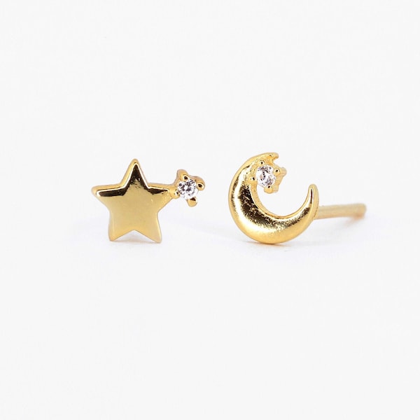 Mismatched Tiny Celestial Earrings • celestial set earrings • star earrings • sun moon earrings • minimalist stud earrings