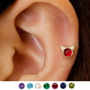 18G/16G Polished Ruby Cat Flat Back Labret • cat earrings • gemstone earrings •  cartilage stud • helix stud • tragus flat back labret