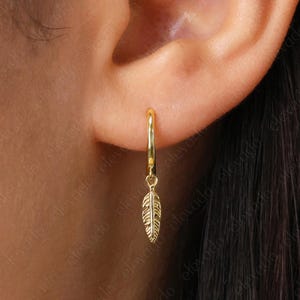 Leaf Hoop Earrings • leaf charm hoops • huggie earrings • dangle hoop earrings • delicate earrings • minimalist hoops • minimal earrings