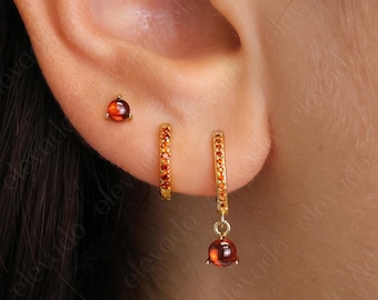 Garnet Hoop Earring Set: Dainty Sterling Silver Minimalist Jewelry