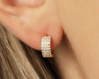 Thick Paved Hoop Earrings • triple paved hoop earrings • gold hoop earrings • huggie hoop earrings • huggie hoops • minimalist earrings