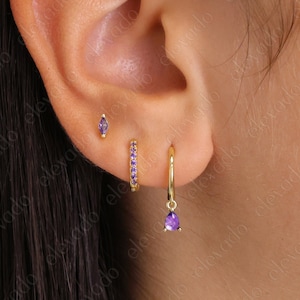 Amethyst Teardrop Hoop Earring Set • gift for her • Amethyst gift • minimalist dainty earrings •  Amethyst earrings • February birthstone