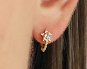 Bold Star Hoop Huggie earrings • gold star huggie hoop • silver star hoop • star dangle earrings • tiny gold hoops • tiny star earrings