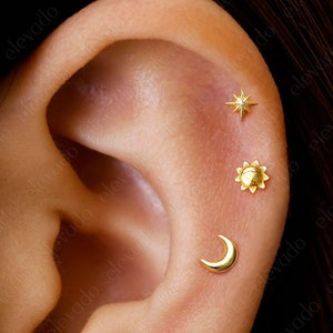 Set di 3 • Set di orecchini piatti celestiali minuscoli da 16G/18G • Orecchini a cartilagine a stella • Orecchini a elica lunare • Orecchini a trago • Orecchini a conchiglia solare
