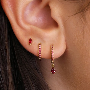Ruby Teardrop Hoop Earring Set • gift for her • ruby earrings • minimalist dainty earrings • valentines day gift • personalized jewelry