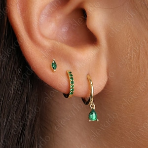 Emerald Teardrop Hoop Earring Set • gift for her • minimalist dainty earring gift •  Emerald earrings • May birthstone • holiday gift