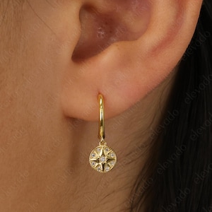 Starburst Dangle Hoop Earrings • gold star huggie hoop • silver star hoop • star dangle earrings • tiny gold star hoops • tiny silver hoops