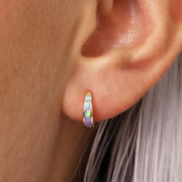 Fire Purple Iridescent Opal Inlay Tapered Huggie Hoop Earrings • gold hoop earrings • minimalist jewelry • gift for her • gift for mom