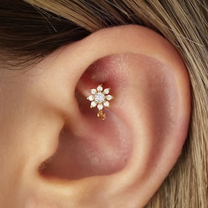 Tiny Flower Helix Hoop Earring: 18K Gold Plated Sterling Silver