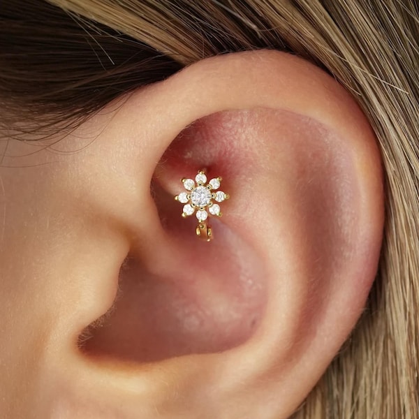 Winzige Blume Helix Hoop Ohrring: 18K Vergoldetes Sterling Silber