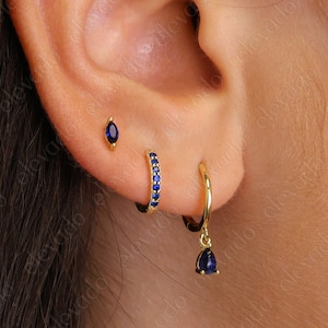 Sapphire Teardrop Hoop Earring Set • gift for her • minimalist dainty earring gift •  Sapphire earring • September birthstone • holiday gift