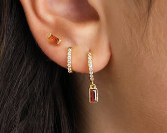 Garnet Baguette Dingelörhängen Set • Sterlingsilver, Förgyllt