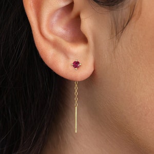 Pode incluir: Um par de brincos de ouro com uma pequena pedra vermelha e uma corrente pendurada.