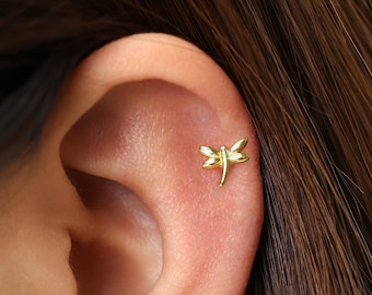 18G/16G Tiny Dragonfly Cartilage Gold Stud Earrings • tragus stud • dragonfly conch earrings • cartilage helix stud • flat back labret stud