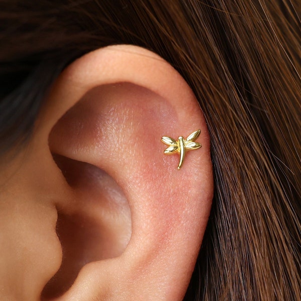 18G/16G Tiny Dragonfly Cartilage Gold Stud Earrings • tragus stud • dragonfly conch earrings • cartilage helix stud • flat back labret stud