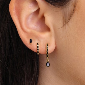 Black Onyx Teardrop Hoop Earring Set • gift for her • black hoops • minimalist dainty earrings • valentines day gift • personalized jewelry
