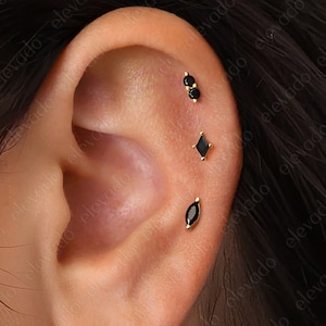 Set di 3 • Orecchini Labret a fondo piatto in onice nero 18G/16G • Orecchini per cartilagine • Orecchini per elica • Orecchini per trago • Orecchini a conchiglia