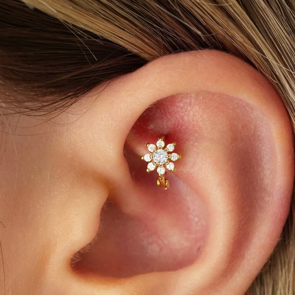 18G Flower Rook Gold Hoop Earrings • tragus earrings • tiny hoop earrings • tiny helix cartilage hoop• helix hoop • small hoops