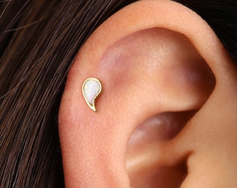 White Fire Opal Comma Stud • Sterling Silver Flat Back Labret