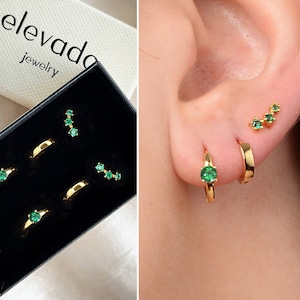 Emerald Hoop Earring Gift Stack Set • gepersonaliseerd cadeau voor haar • cadeau bruidsmeisje • cadeau voor moeder • gouden hoepel • geboortesteensieraden