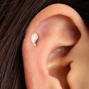 18G/16G Tiny White Fire Opal Comma Flat Back Labret • tragus stud • helix piercing • cartilage earring • minimalist jewelry